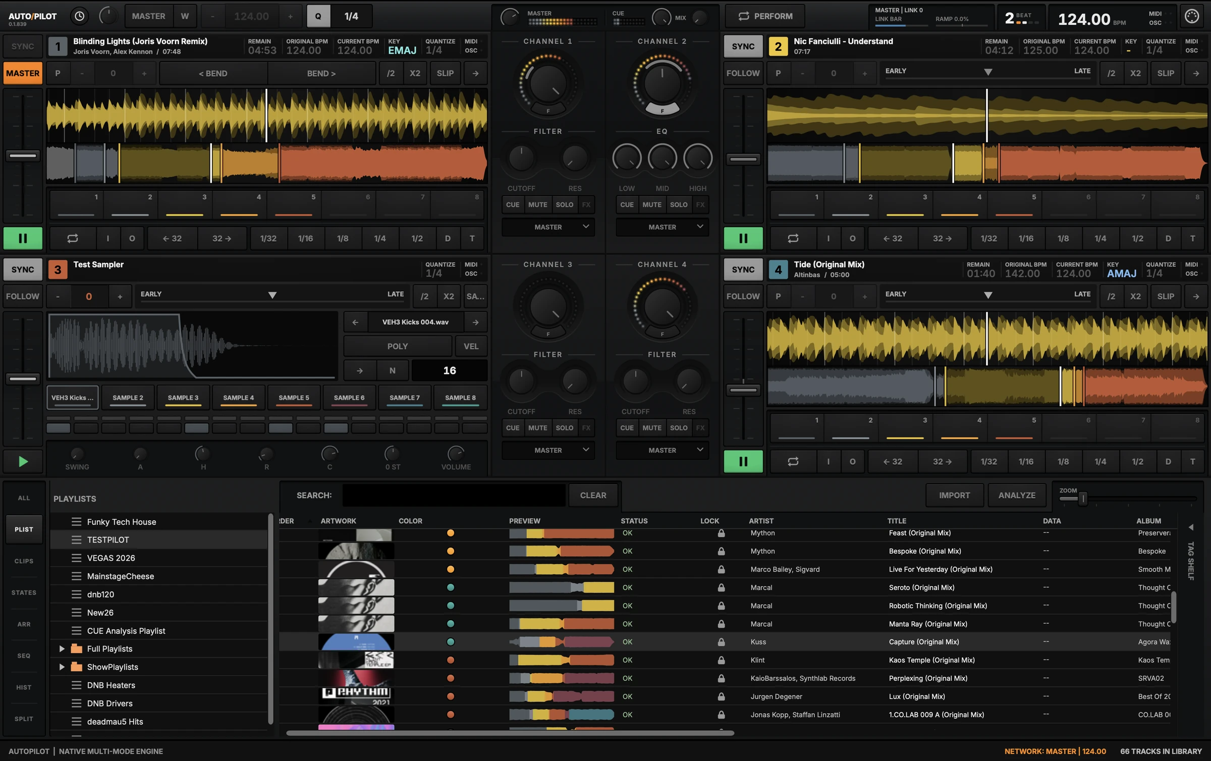 The AUTO/PILOT application: four decks including a sampler, a four-channel mixer with filter and EQ views, and the Browser showing playlists and the track library.