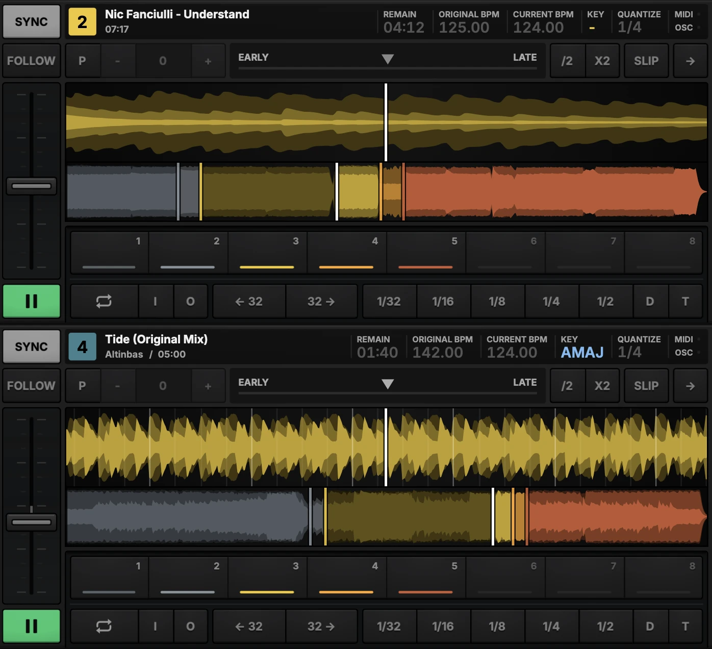 Two AUTO/PILOT decks, each with a zoomed waveform, the whole track coloured by its analysed sections, eight cue slots, and loop and skip keys.